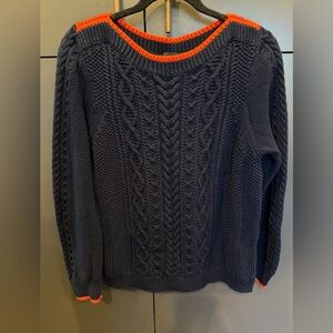 J.Crew Women’s Cable Knit Cotton Sweater Navy w/ Neon Orange Trim Size XL